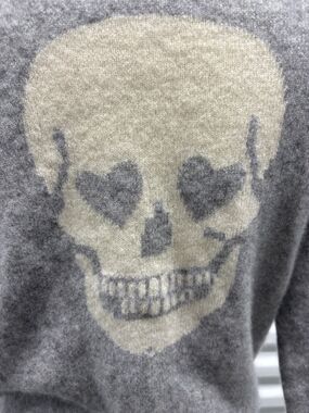 100% Cashmere Gray Skull Sweater Heart Eyes Back Graphic Boat Neck Oversized